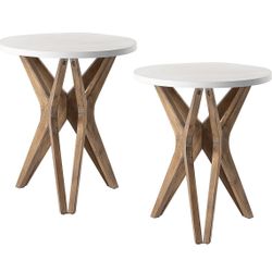 Pedestal Farmhouse End Table Set of 2, Distressed White Top with Tripod Base for Modern Farmhouse, Boho Decor, Round  