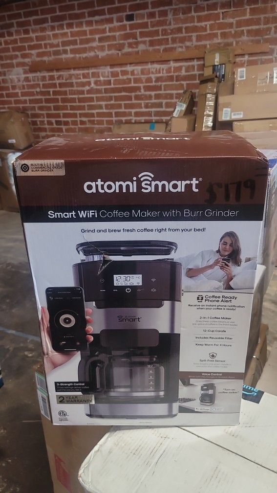 Atomi Smart Coffee Maker with Burr Grinder WiFi, Voice Activated