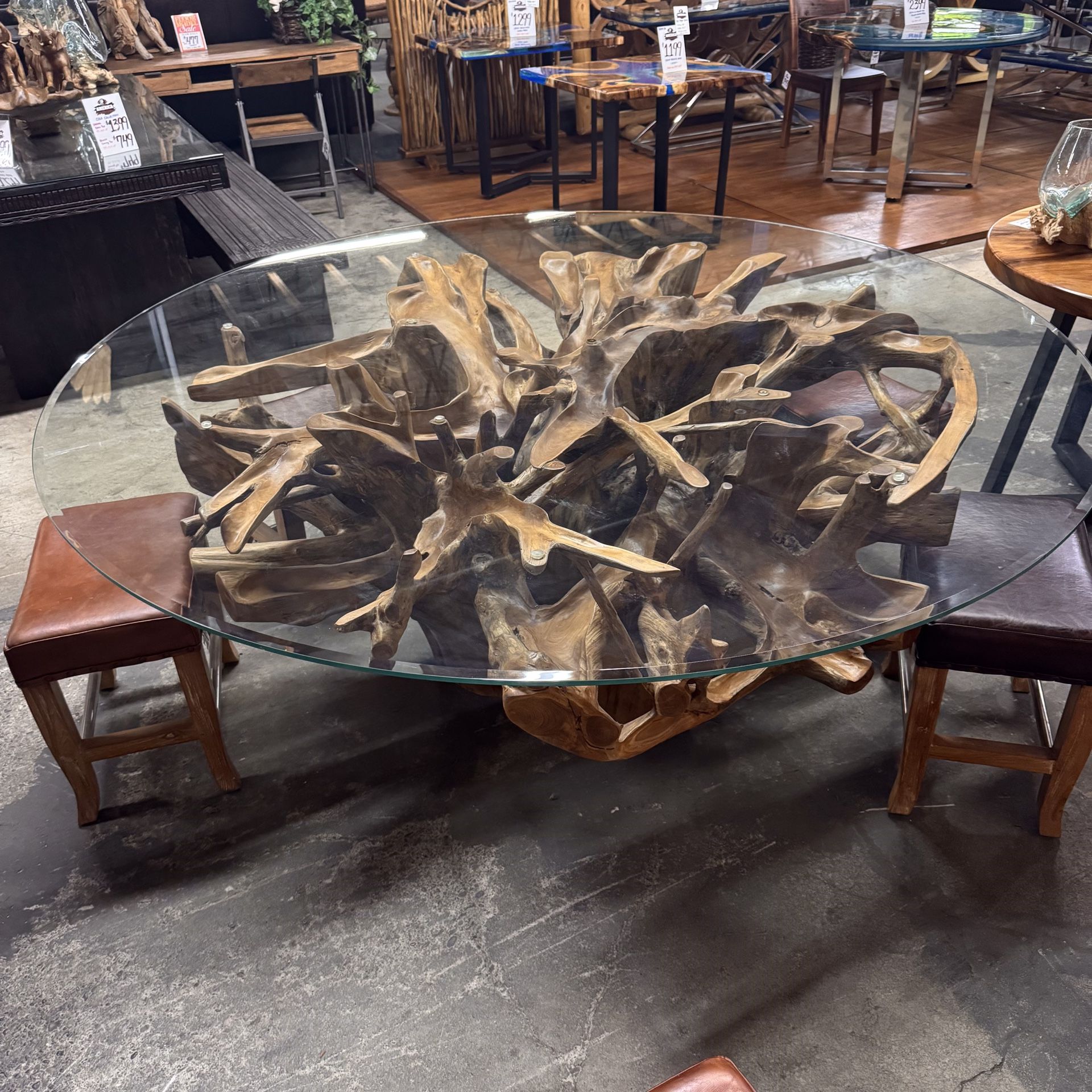 Teak Root Round Dining Table With Glass