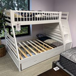 White Twin Over Full Stairstep Bunk Bed with Storage Trundle