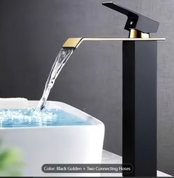 Black Stainless Steel Modern Golden Waterfall Style Bathroom Faucet, Dual Temperature Control for Hot And Cold, Bathtub Faucet, Hotel And RV Faucet, E
