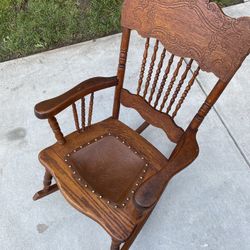 Antique Childrens Oak Pressed Back Rocking Chair W/ Leather Insert