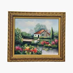 Impressionist Painting Cottage Pond and Flower Garden Woods Gold Framed Signed
