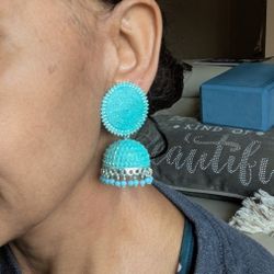 Vintage Silver Turquoise Earrings Jhumka. Royal Intricate Handcrafted Craftsmanship 2.25". Traditional Exquisite Intricate Craftsmanship.

