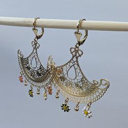 $14- Brand New Golden Bloom: 18K Gold-Filled Filigree Floral Dangle Earrings - Radiant Summer Style