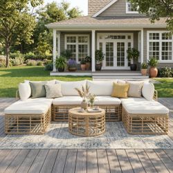 GO 7 Pieces Outdoor Patio Furniture, All-Weather Rattan Sectional Sofa Set with Thick Cushions and Pillows, Freely Combined Conversation Sets for Gard