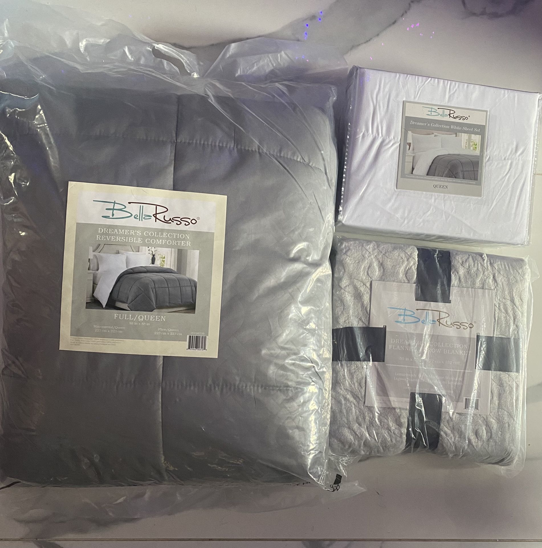 Bella Russo Queen Bedding Set. Includes: Comforter, Sheet Set W/2 Pillow Cases, Throw Blanket, All Brand New In Box.