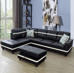 Modern style black leather sectional couch and ottoman