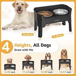 3 in 1 Elevated Dog Bowls Mess Proof: Raised Dogs Bowls - 4 Height Adjustable Dogs Bowl Stand with 2 * 53oz Stainless Steel Dog Food Bowl and Licking 