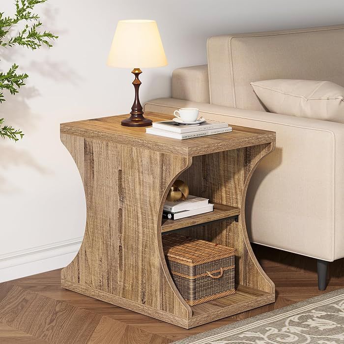 Modern Farmhouse End Table with Storage, 3-Tier Narrow Country Side Tables for Small Spaces, Nightst