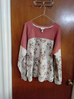 Floral Long Sleeve Top with Waffle Knit Yoke. XL