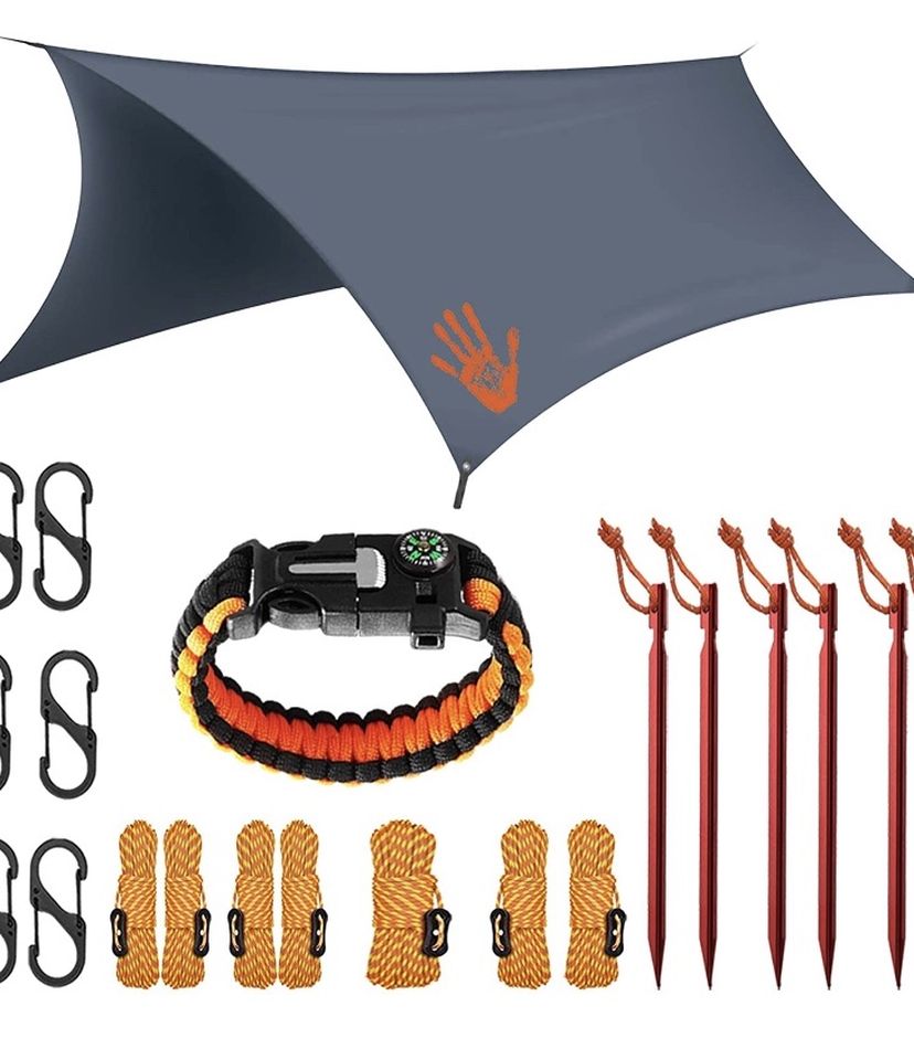 NEW 12x10 Hammock Waterproof Tent TARP & Survival Bracelet - 22 pcs - Lightweight - Backpacking Approved - Perfect Hammock Shelter -gray