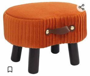 0329: Small Footstool with Handle, Velvet Ottoman Foot Rest with Padded Seat, Curved Foot Stool with Wooden Legs, Portable Foot Rest for Living Room, 
