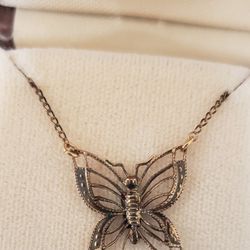 Vintage Filigree Butterfly Pendant Necklace 14K Gold Filled Jewelry READ BELOW