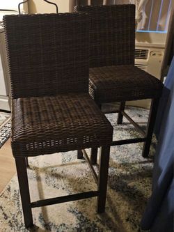 Outdoor, brown wicker bar height chairs