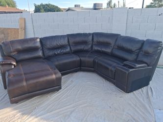 Brown Leather Sectional w/ back relining Chaise