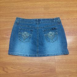 Vintage Y2K Angels Rhinestone Embroidered Flower Jean Mini Skirt Size 8