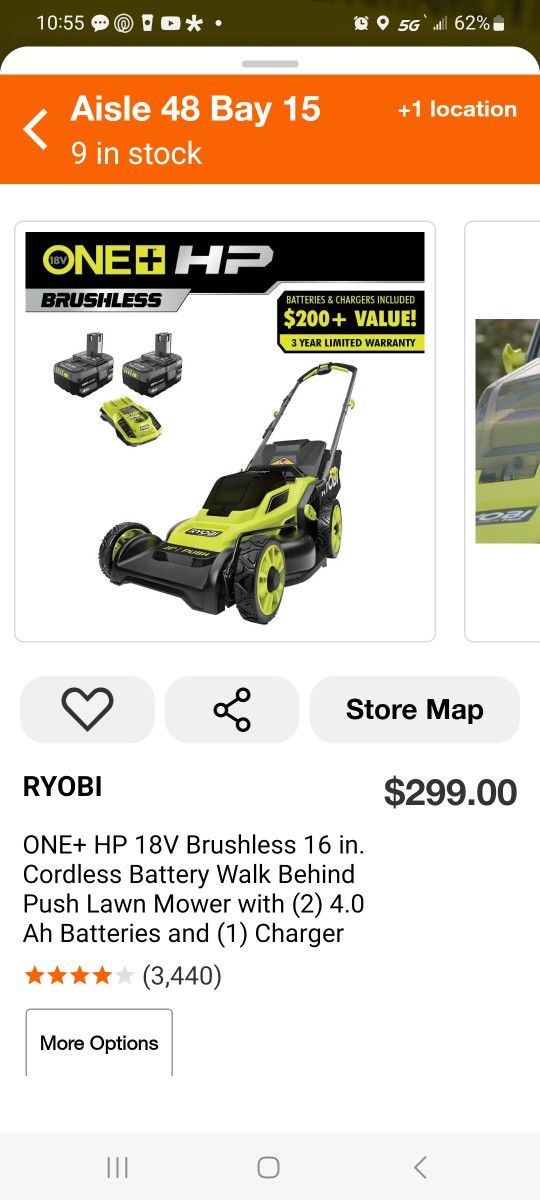 Ryobi 18v Brushless 16 in Cordless Battery Walk Behind Push Lawn Mower