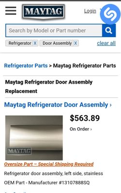New OEM Maytag  Freezer  Door Only