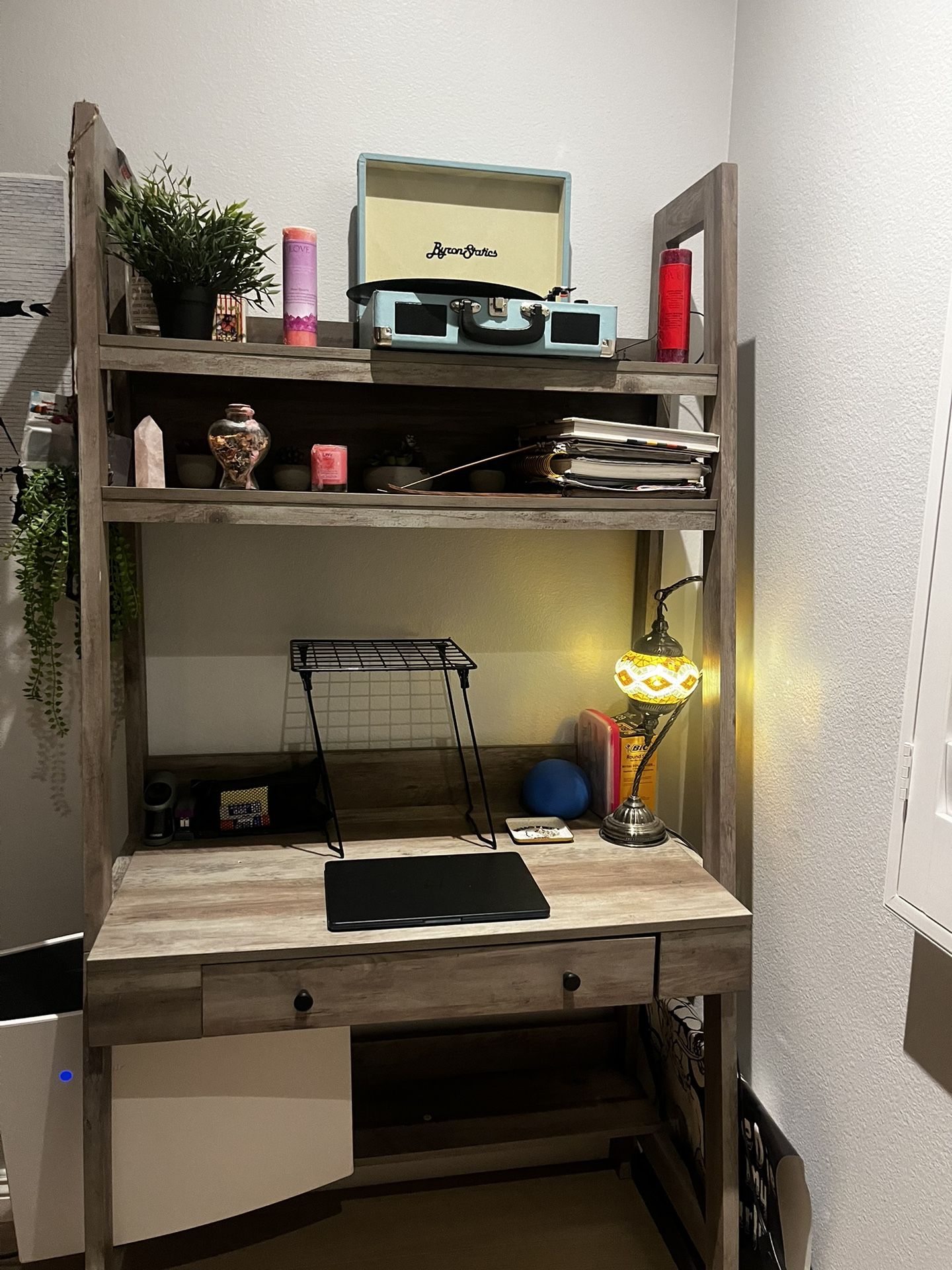 Washed Gray Homenations Barrington Shelf Ladder Bookcase Desk
