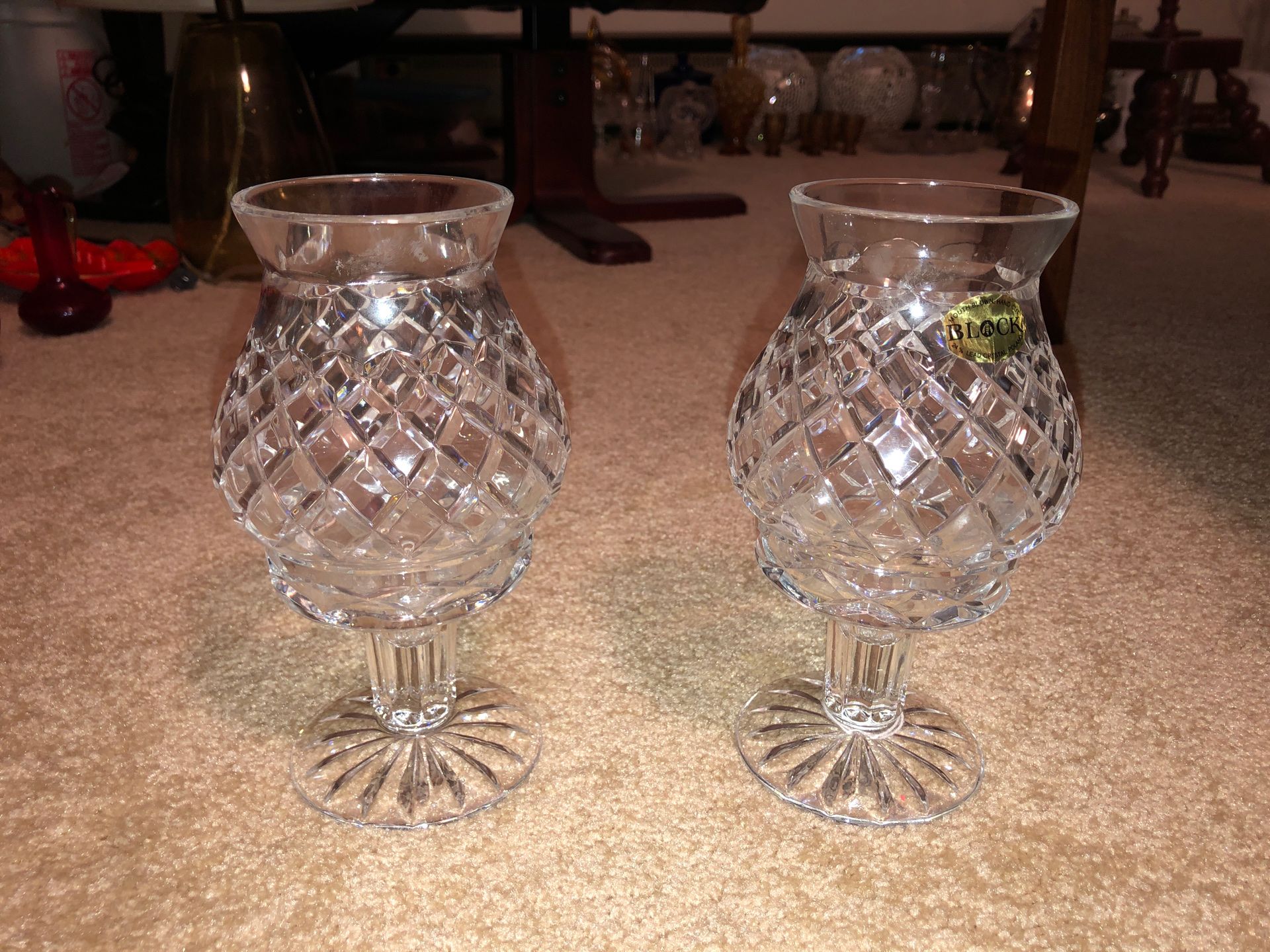 Block 2, 8” Tall Mouth Blown Hand Cut 24% Lead Crystal Votive Hurricane Candle Holders on Pedestals, Art