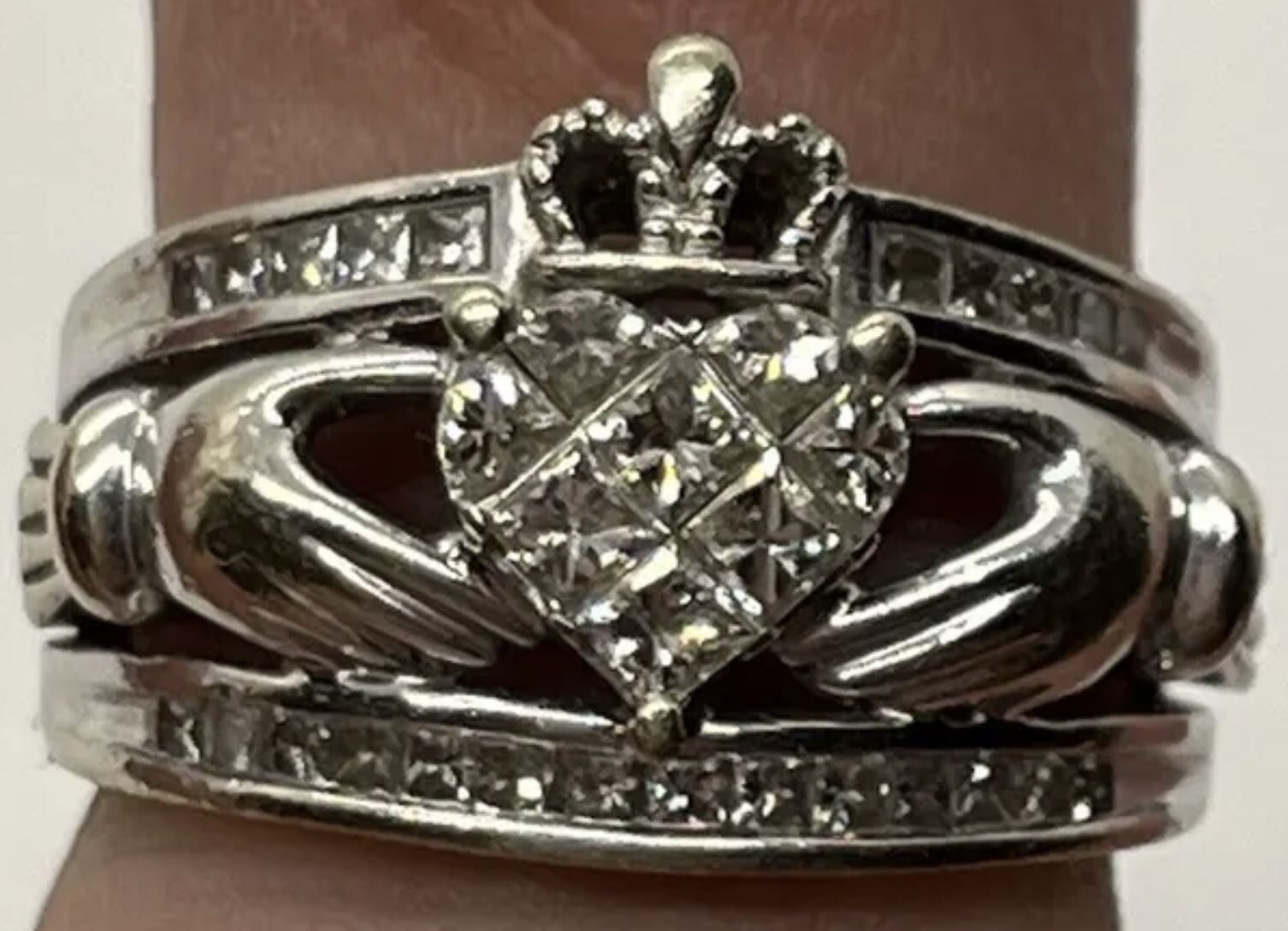 White Gold And Princess Cut Diamond Claddagh Ring
