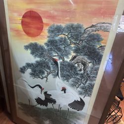 Vintage Chinese Scroll Painting Crane Framed
