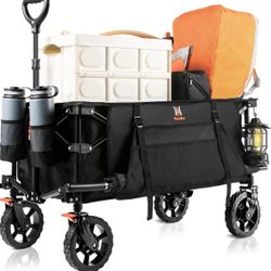 Navatiee Collapsible Folding Wagon, Heavy Duty Utility Beach Wagon Cart with Side Pocket and Brakes, Large Capacity Foldable Grocery Wagon for Garden 