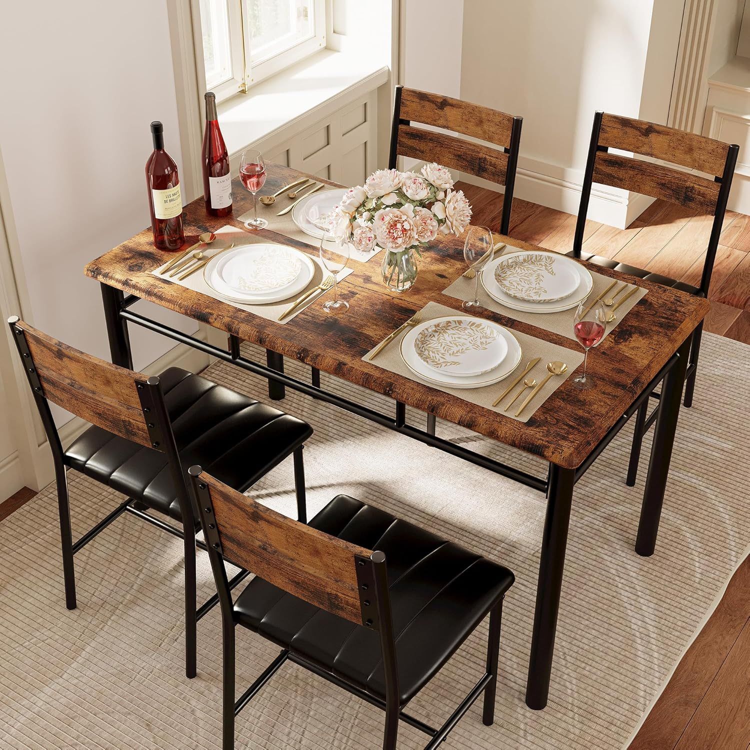 Dining Table Set for 4, Wood Kitchen Table with Upholstered Chairs for Kitchen Room and Small Spaces, Rustic Brown