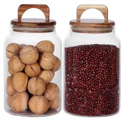 Airtight Glass Food Storage Jars with Acacia Wood Handle Lids (Set of 2, 64oz/1900ml)