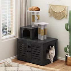 Cat Litter Box Enclosure with Cat Tree Tower 2-in-1 Hidden Pet Washroom Furniture with Scratching Post and Soft Plush Perch Platform Wooden Cat House 