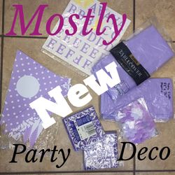 Lavender party decorations banquet table cover napkins party flags table and Flower embellishments