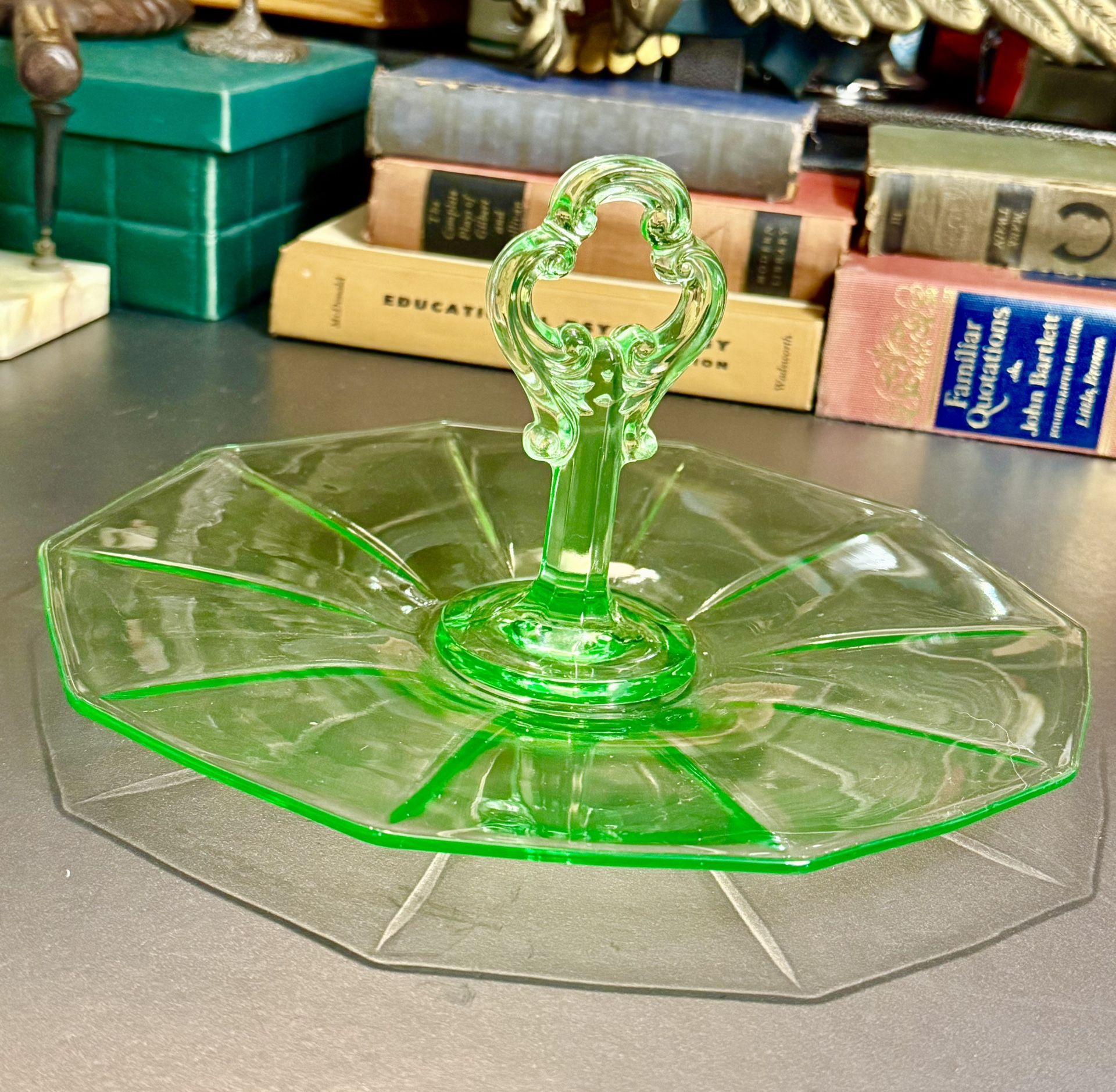 11” Uranium Green Octagon Tidbit Handled Serving Tray Plate Glass Depression Era