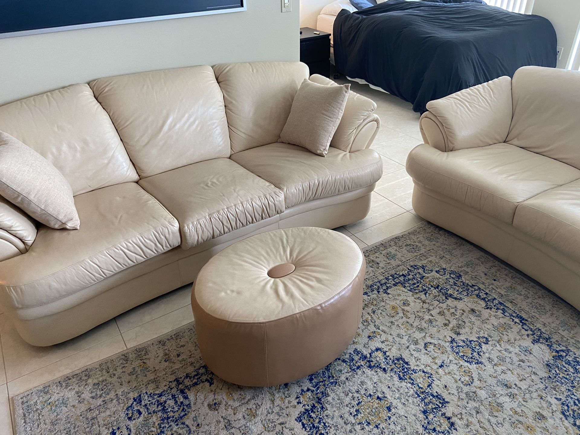 Cream Leather Couch Set + Ottoman