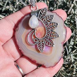Gorgeous Unique Rainbow Moonstone & Solar Agate 2.5” Gemstone Necklace Pendant