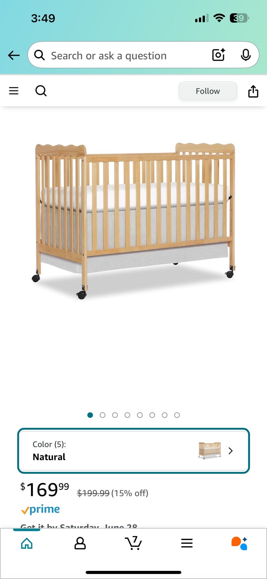 Crib Bed With 2 Wheels On One Side + Crib Mattress + Mattress Protector