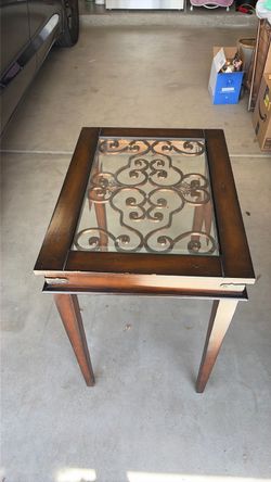 Wood and Glass End Table with Metal Scrollwork