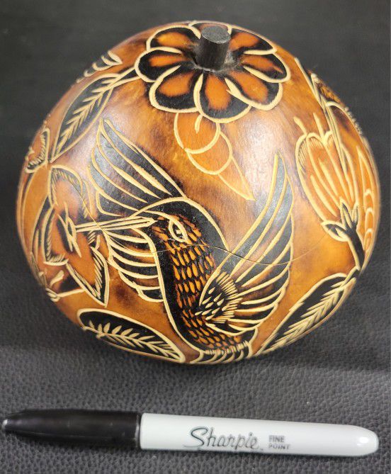 Hand Crafted Hummingbird Design Gourd Art Container 
