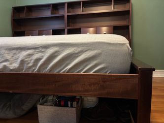 Dark Wood Bed Frame with mattress and Bookcase Headboard