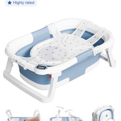 Collapsible Baby Bathtub for Infants and Toddlers with Bath Net and Thermometer Baby Blue