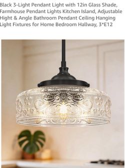 Black 3-Light Pendant Light with 12in Glass Shade, Farmhouse Pendant Lights Kitchen Island, Adjustable Hight & Angle Bathroom Pendant Ceiling Hanging 