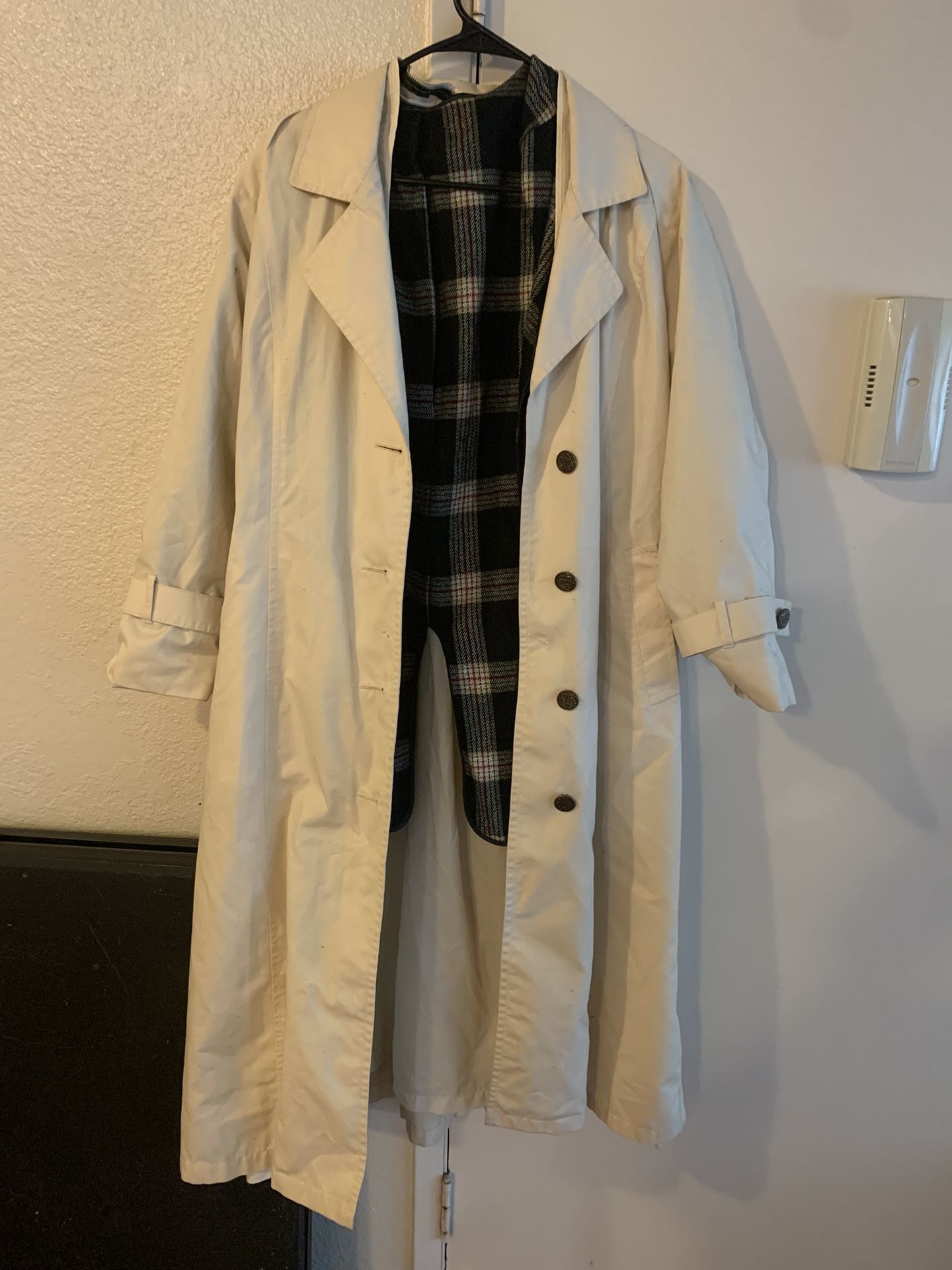 Beige Long Trench Coat Button-Up Belted Plaid Lining Women's Casual Coat