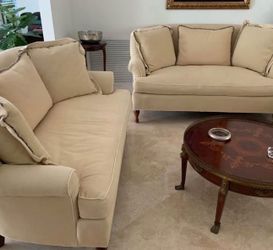 Pair of Cream Upholstered Sofas - Classic Style with Nailhead Trim