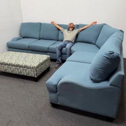 Living Spaces 3-Piece Sectional Sofa + Ottoman | Deep Cleaned | 11.5’ x 9’ Teal Blue | Can Deliver