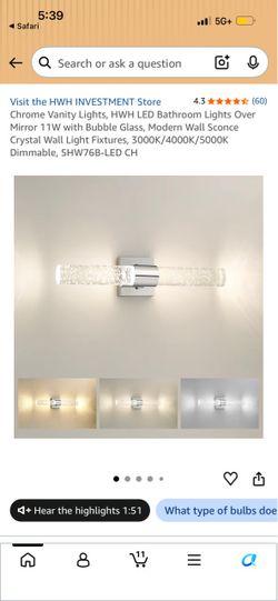HWH Chrome LED Vanity Wall Light with Bubble Glass