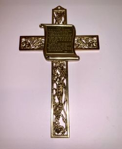 Vintage Psalm 23 Prayer Cross Solid Metal Gold Finish Emblem 9 Inch Tall