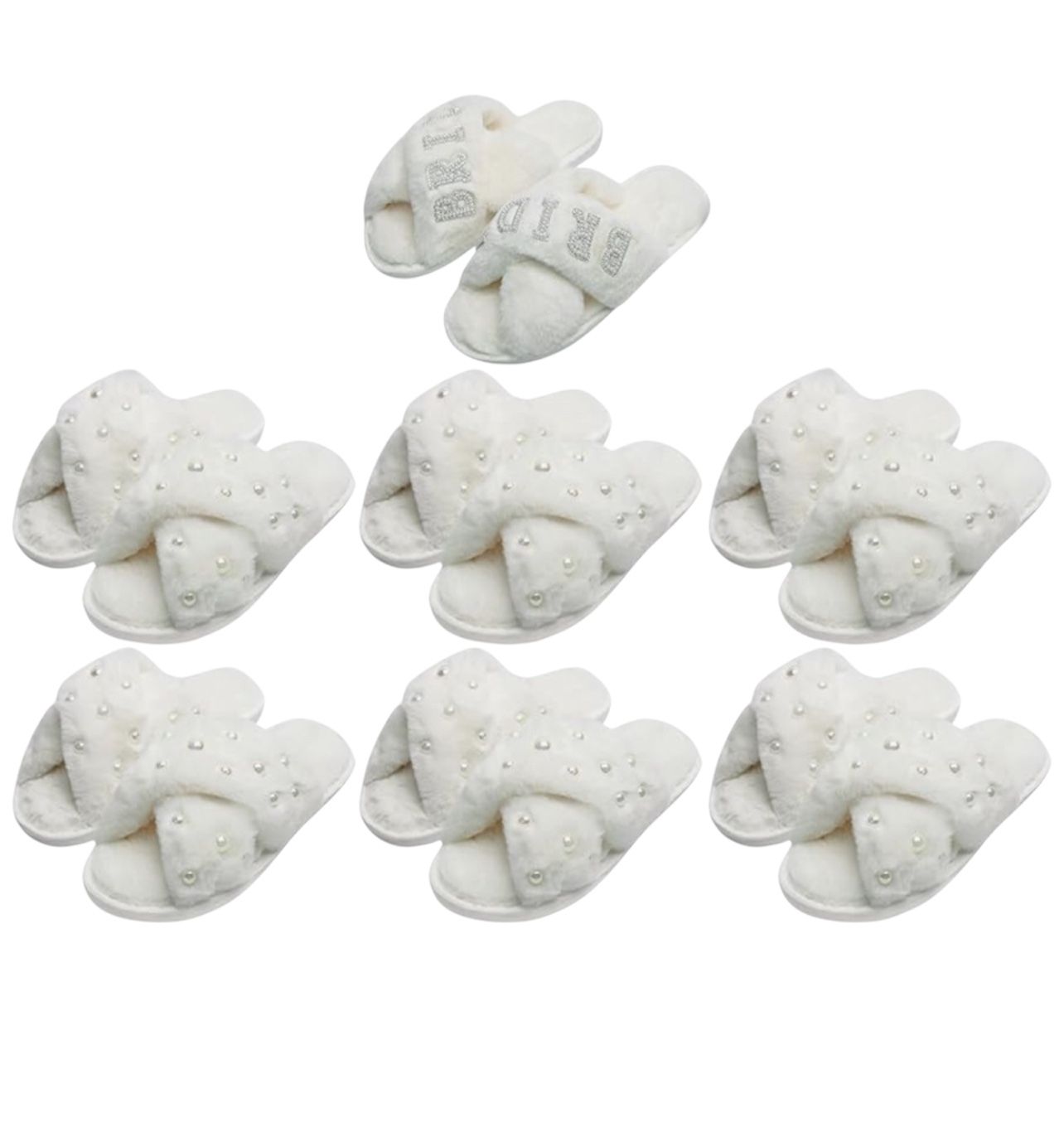 7 Bridal Bridesmaid Pearl Fuzzy Slipper Set 8.5- Off White