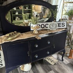 Midnight Blue Antique Farmhouse Buffet W/ Mirror 