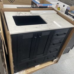 Bathroom vanity cabinet 36” solid mango Quartz top with sink and backsplash