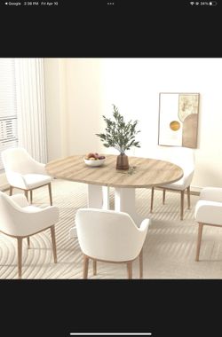 59" Extendable Round Dining Table for 4-8, Modern Kitchen Table with Removable Leaf Sturdy Trestle Base, Oak Wood Oval Dining Room Table Perfect for S